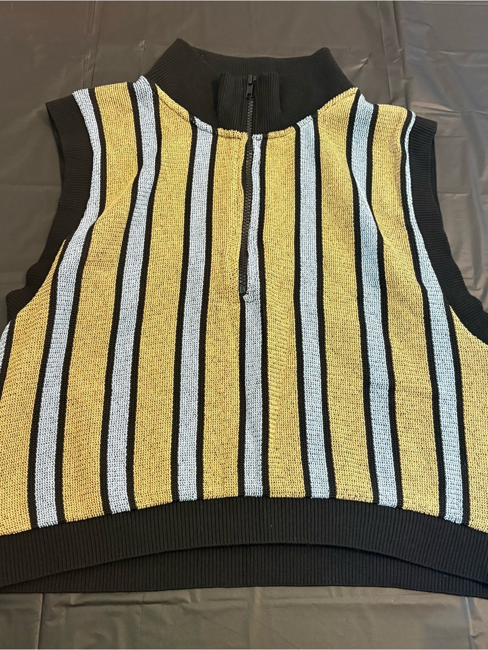 Zara Black Yellow Light Blue Striped Sleeveless Knit Zip Mock Neck Top